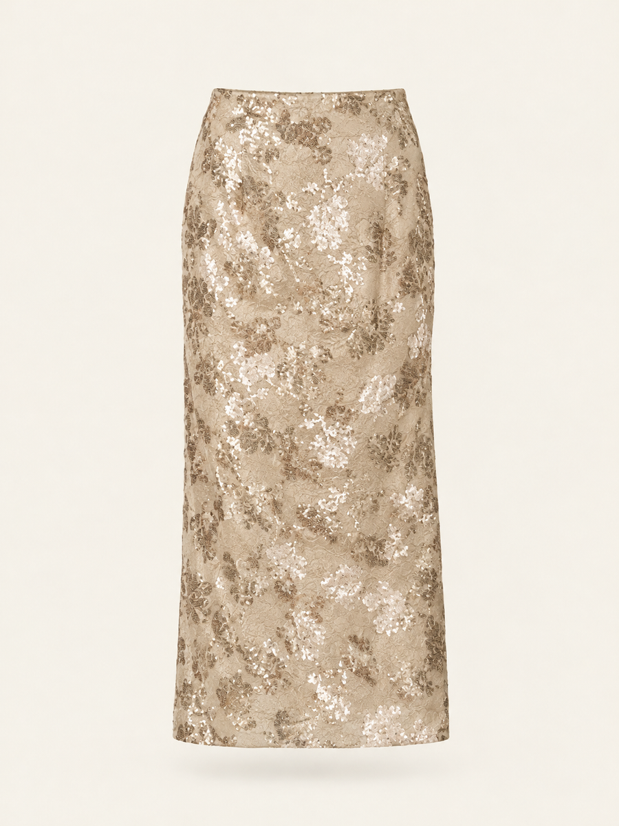 Falda midi de tiro bajo Helen en Antique Sequin