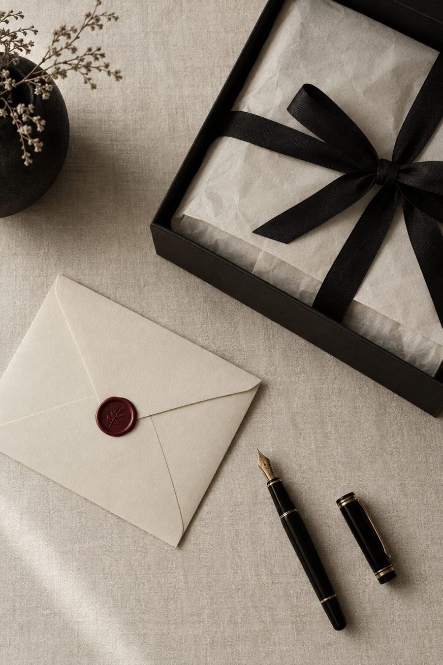 Sobre color crema con sello de cera y caja de regalo con listón negro